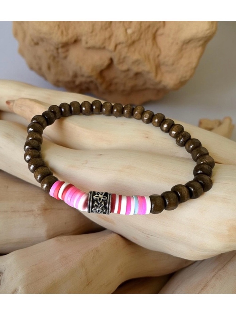 🔴 5 for $10 ONE Brown Pink Wooden Beaded Stretch Bracelet Boho Stacking